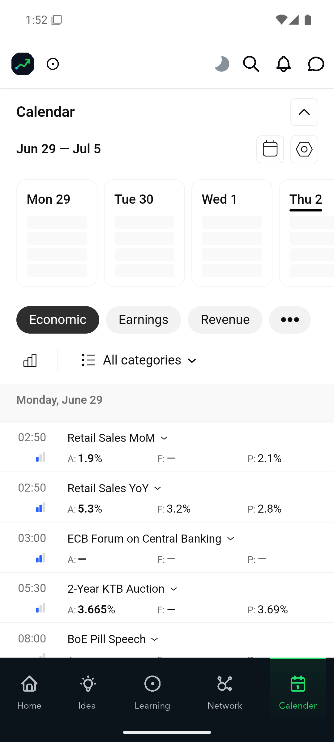 Korex economic calendar screen showing impact-rated market events